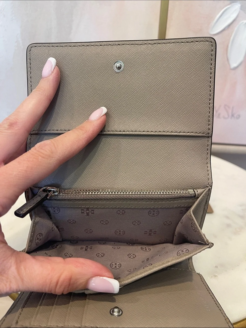 Tory Burch Taupe Trifold Wallet with Logo